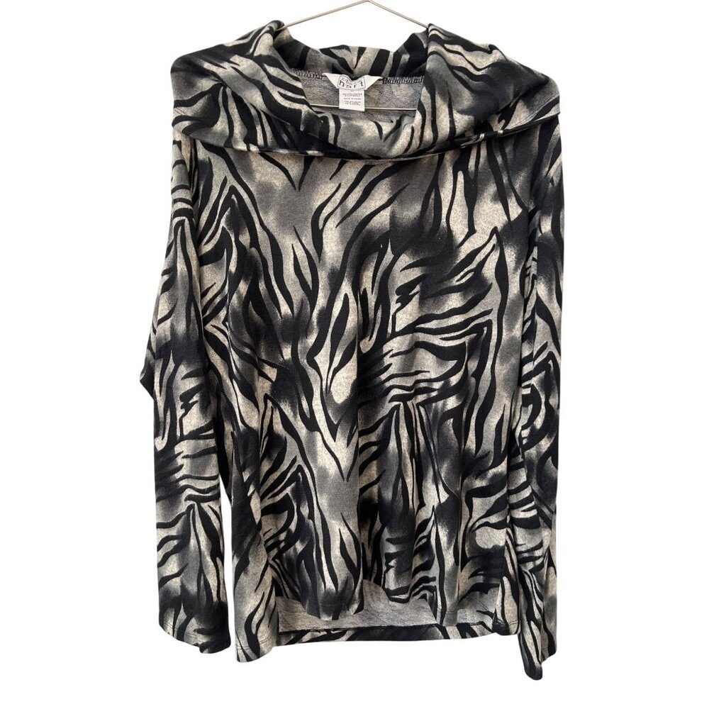 Keren Hart Zebra Long Sleeve Cowl Neck Top Womens XL Gray Black Animal Print NEW